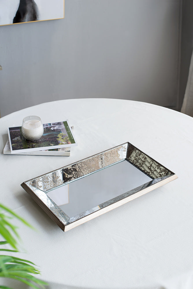24&quot; x 15&quot; Antique Silver Rectangle Mirror with Floral Accents, Mirrored Display Tray, Hanging Wall Mirror
