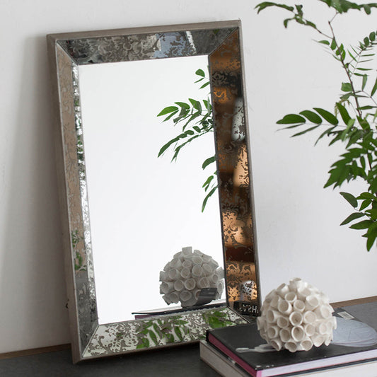 24&quot; x 15&quot; Antique Silver Rectangle Mirror with Floral Accents, Mirrored Display Tray, Hanging Wall Mirror