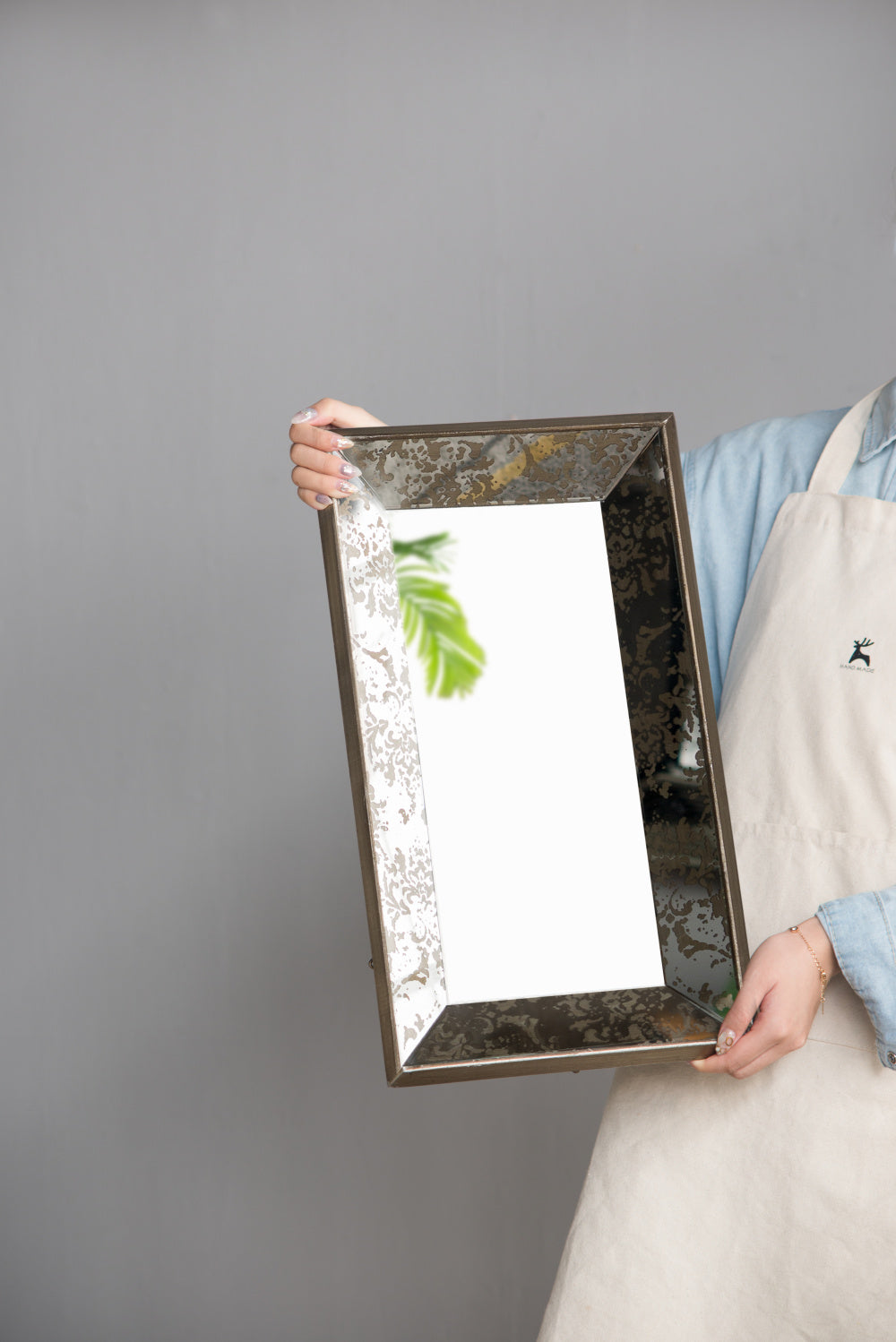 24&quot; x 15&quot; Antique Silver Rectangle Mirror with Floral Accents, Mirrored Display Tray, Hanging Wall Mirror