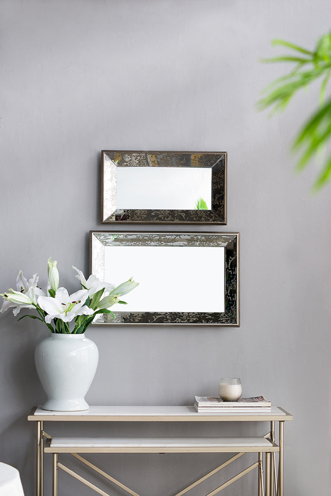 24&quot; x 15&quot; Antique Silver Rectangle Mirror with Floral Accents, Mirrored Display Tray, Hanging Wall Mirror