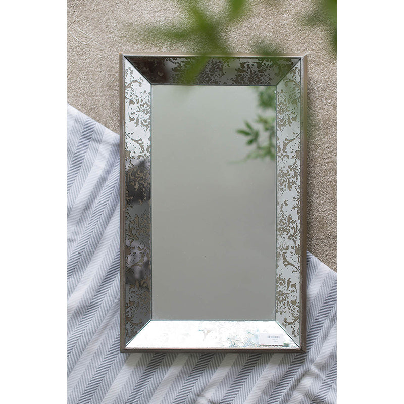 24&quot; x 15&quot; Antique Silver Rectangle Mirror with Floral Accents, Mirrored Display Tray, Hanging Wall Mirror