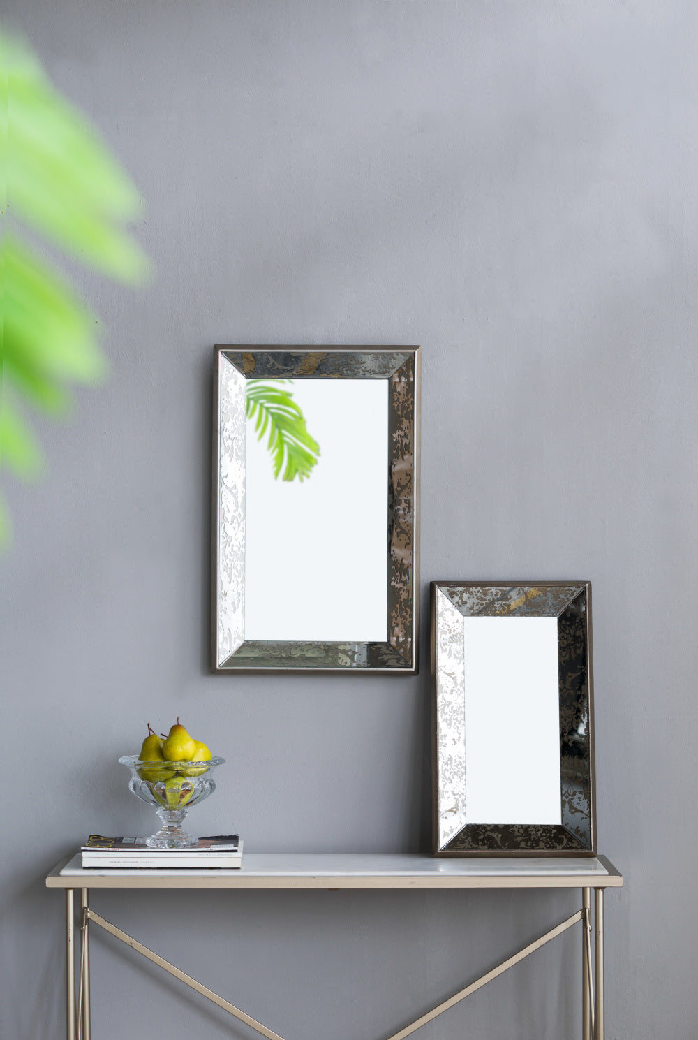 24&quot; x 15&quot; Antique Silver Rectangle Mirror with Floral Accents, Mirrored Display Tray, Hanging Wall Mirror
