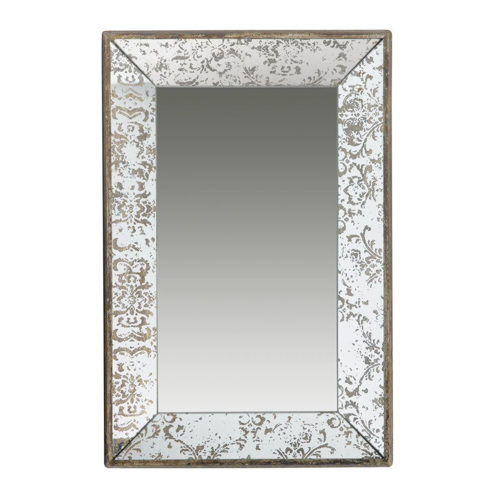 24&quot; x 15&quot; Antique Silver Rectangle Mirror with Floral Accents, Mirrored Display Tray, Hanging Wall Mirror